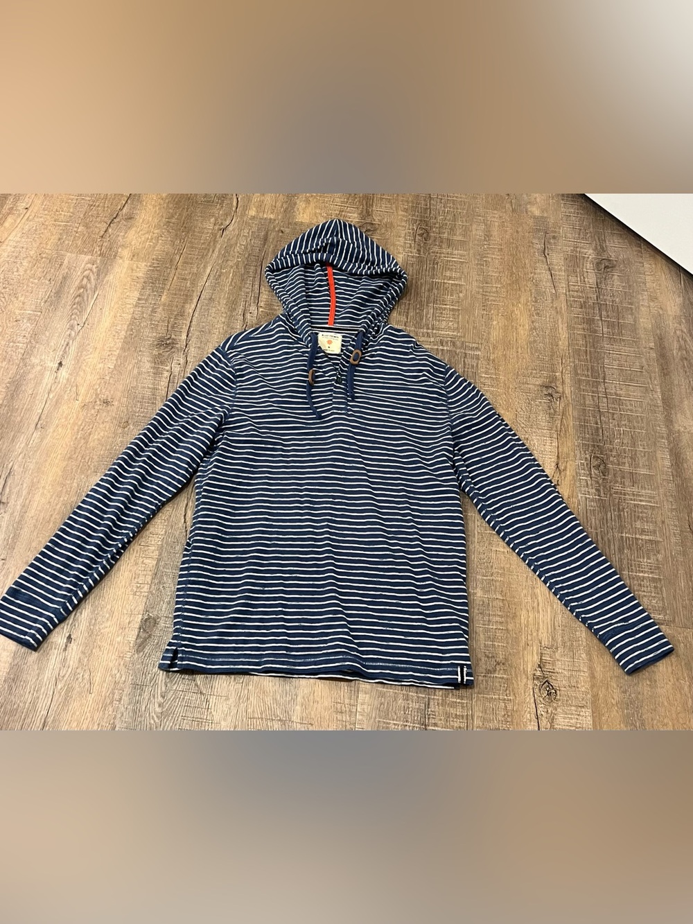 Ruff Hewn mens medium Navy and White Striped Hooded Long Sleeve Shirt